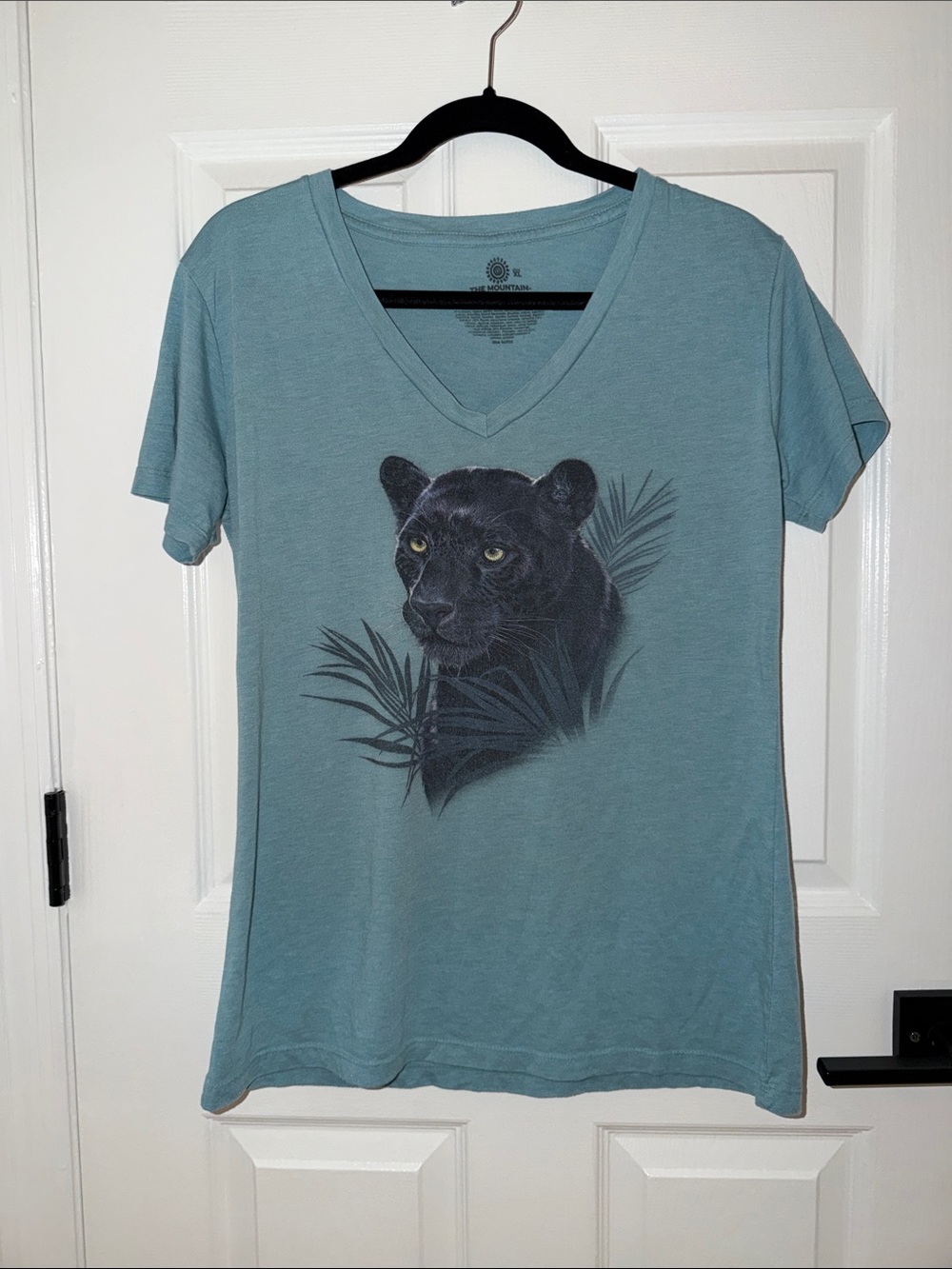 The Mountain Slate Blue V-Neck Tee with Black Panther Art